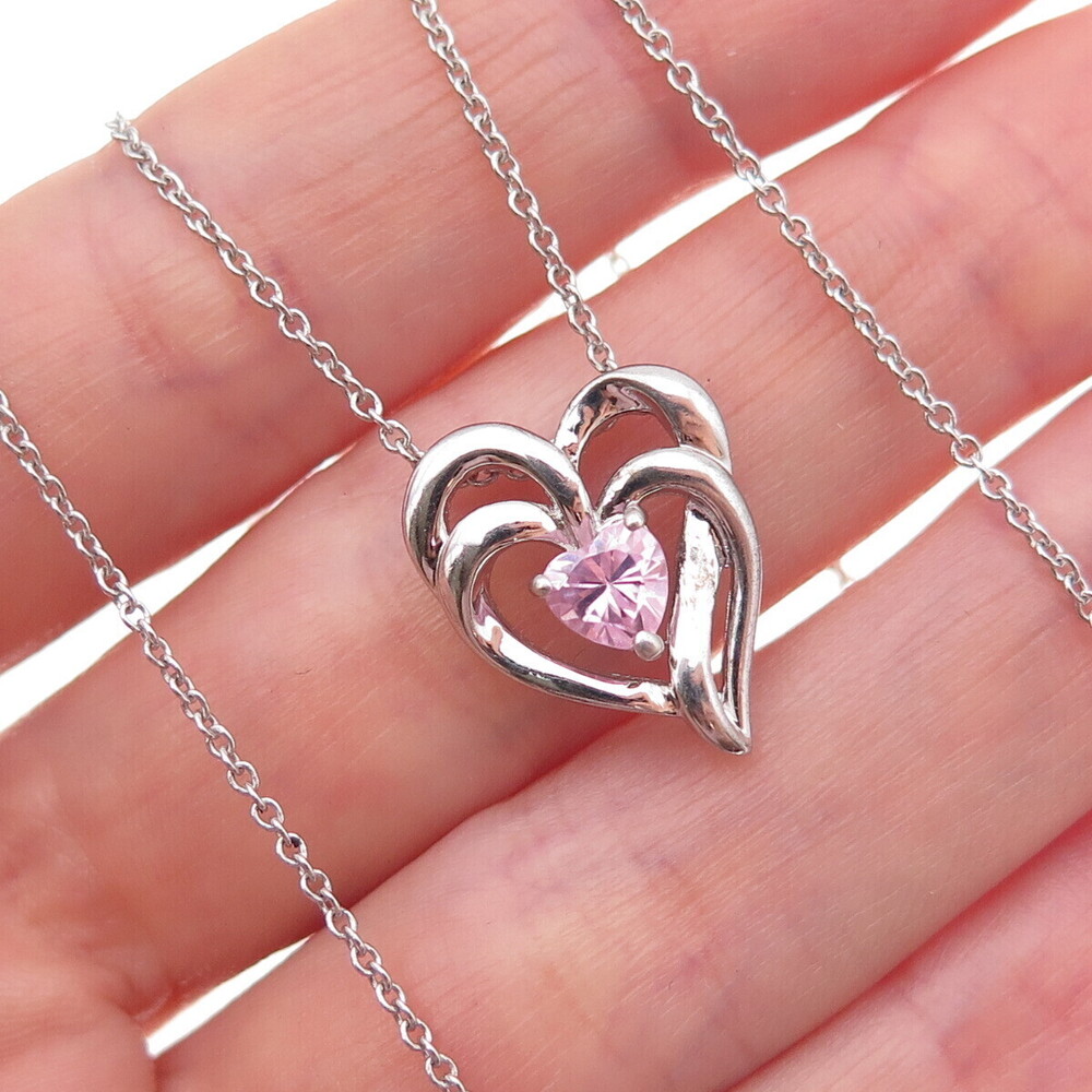 Sai 925 Sterling Silver Pink C Z Heart Cable Chain Necklace 18"